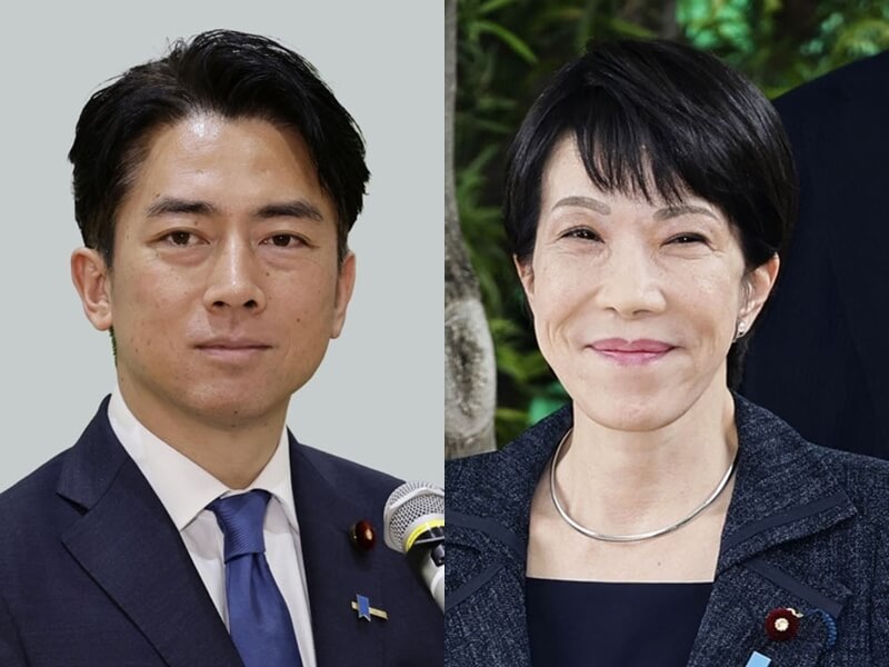 日本執政黨自民黨總裁選舉22日公告、10月4日投開票。日媒最新民調顯示,有意參選的前經濟安全保障大臣高市早苗(右)、農林水產大臣小泉進次郎(左)支持率居前兩名。(共同社)