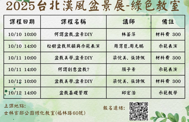 台北市公園處說,雙十連假將登場的「2025台北漢風盆景展」,可欣賞到網羅自全國名家精選的珍稀盆景,並可上綠色教室課程學盆景藝術,即日起開放報名。(台北市公園處提供)中央社記者楊淑閔傳真 114年9月14日
