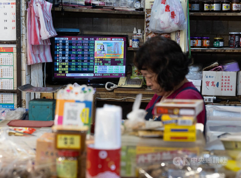 台北股市17日收盤跌191.39點，為25438.25點，跌幅0.75%，成交金額新台幣4283.61億元。圖為台北松江市場內，攤商電視播放財經股市相關新聞。中央社記者謝佳璋攝  114年9月17日