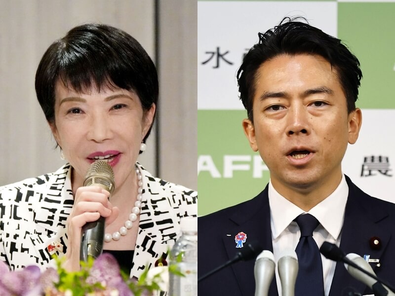 日本執政自民黨總裁（黨主席）選舉目前最被看好的是44歲的農林水產大臣小泉進次郎（右），以及64歲的前經濟安保擔當大臣高市早苗（左）。（共同社）