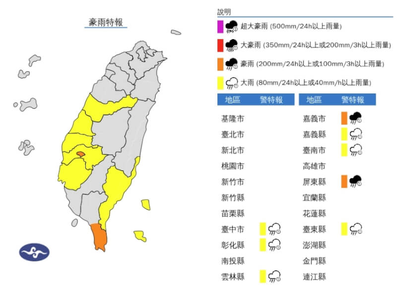 中央氣象署18日針對8縣市發布豪、大雨特報。（圖取自氣象署網頁cwa.gov.tw）