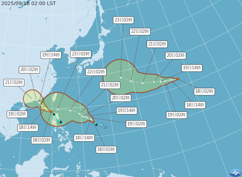 氣象署18日上午2時發布第20、21號熱帶低壓路徑潛勢預報，有機會增強為颱風。（圖取自氣象署網頁cwa.gov.tw）