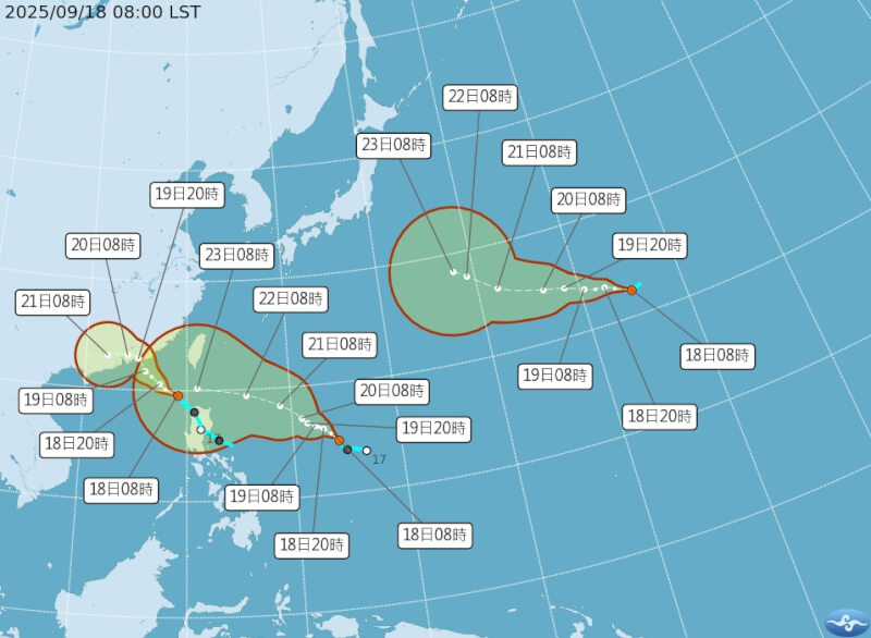 第20、21、22號熱帶低壓路徑潛勢預報。（圖取自氣象署網頁cwa.gov.tw）