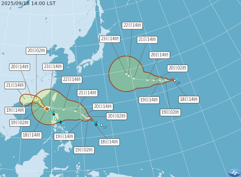 颱風米塔、第21及22號熱帶性低氣壓潛勢路徑預報。（圖取自氣象署網頁cwa.gov.tw）