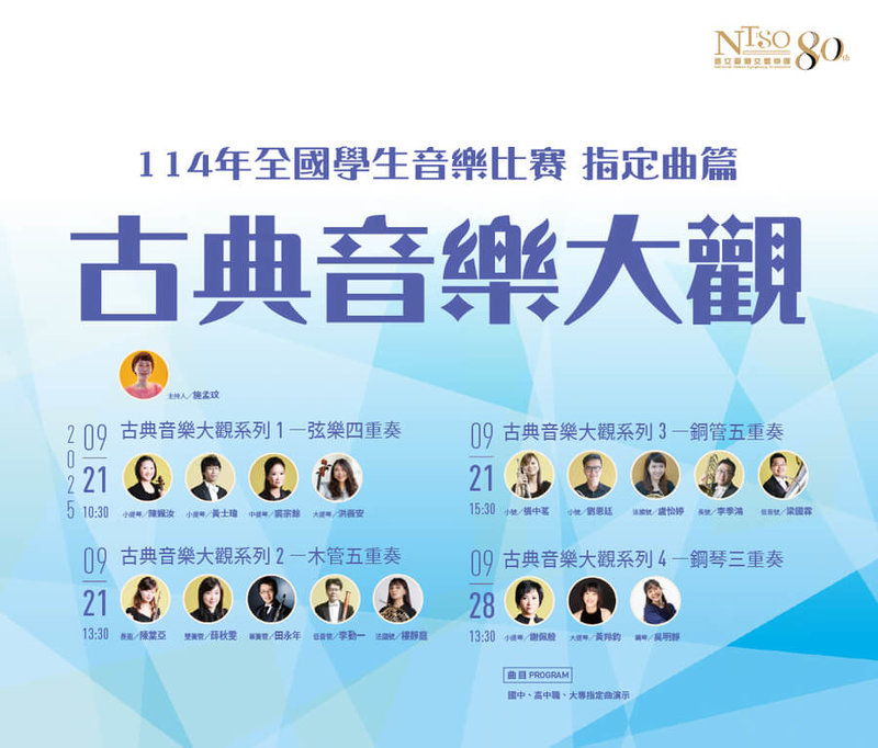國立台灣交響樂團以114學年度全國學生音樂比賽室內樂指定曲為核心，推出「古典音樂大觀系列」音樂會，透過演出與解說陪參賽學子迎戰全國音樂比賽。（國台交提供）中央社記者趙靜瑜傳真  114年9月19日