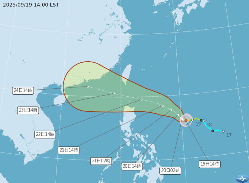 颱風樺加沙路徑潛勢預報。（圖取自氣象署網頁cwa.gov.tw）