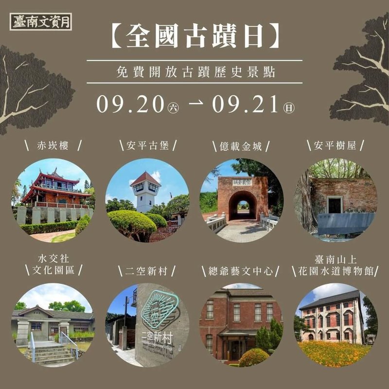 2025台南市文化資產月登場，台南市文化資產管理處20日表示，連續2天「古蹟日」將免費開放赤崁樓、安平古堡、億載金城、安平樹屋、水交社文化園區、二空新村、總爺藝文中心及台南山上花園水道博物館等多處古蹟景點。（台南市政府提供）中央社記者張榮祥台南傳真 114年9月20日