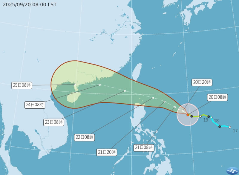颱風樺加沙20日上午8時路徑潛勢預報。(圖取自氣象署網頁cwa.gov.tw)