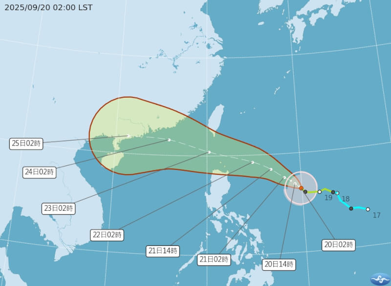 圖為中央氣象署20日上午2時針對颱風樺加沙的路徑潛勢預報。(圖取自氣象署網頁cwa.gov.tw)