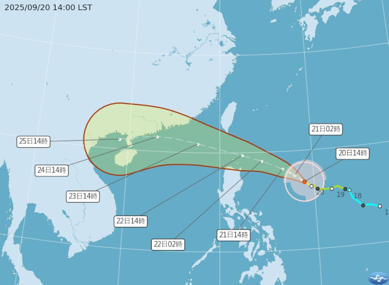 颱風樺加沙路徑潛勢預報。(圖取自氣象署網頁cwa.gov.tw)