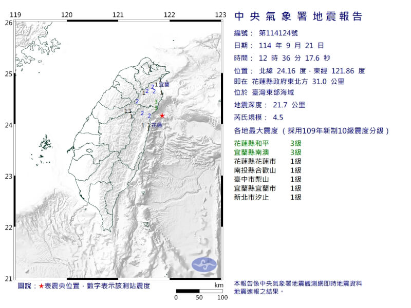 台灣東部海域(星號處)21日中午發生芮氏規模4.5地震。(圖取自中央氣象署網頁cwa.gov.tw)