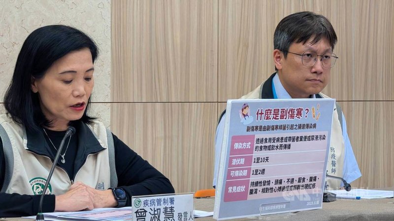 衛福部疾管署防疫醫師林詠青（右）23日說明國內今年首例副傷寒病例，為20多歲非本國籍男性，來台後於8月下旬出現症狀，因潛伏期間皆在台灣，研判為本土病例。中央社記者曾以寧攝 114年9月23日