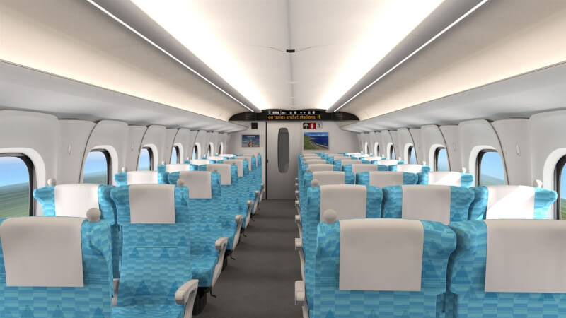 台灣高鐵向日本採購12組新世代列車N700ST,未來標準車廂座椅顏色將從青綠色變明亮青色調,座椅採下沉式設計。圖為車廂內部示意圖。(台灣高鐵提供)中央社記者黃巧雯傳真 114年9月23日