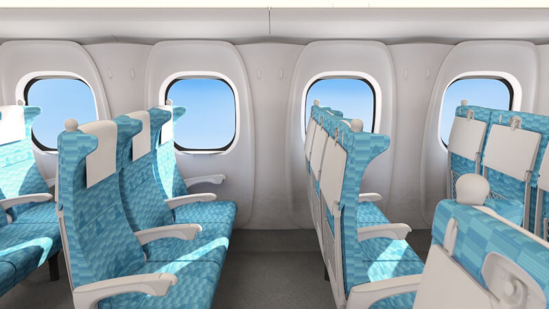 台灣高鐵向日本採購12組新世代列車N700ST,未來椅背餐桌面積將加大,且與掛鉤都會採用緩降設計。圖為車廂內部示意圖。(台灣高鐵提供)中央社記者黃巧雯傳真 114年9月23日