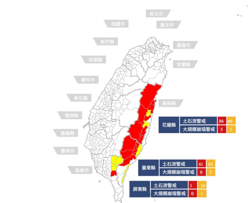 農村水保署發布土石流潛勢溪流警戒，全部集中花蓮、台東與屏東。（圖取自網頁246.ardswc.gov.tw）