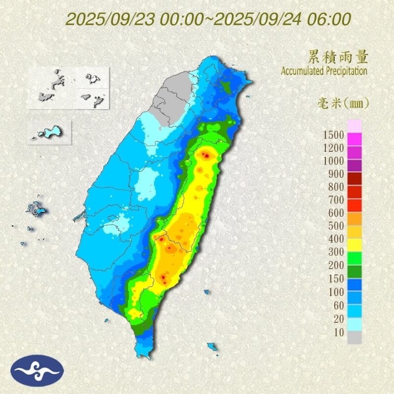 受颱風樺加沙外圍環流影響，自23日0時至24日上午6時，花蓮部分地區累積雨量已超過300毫米。圖為雨量累積圖。（圖取自中央氣象署網頁cwa.gov.tw）
