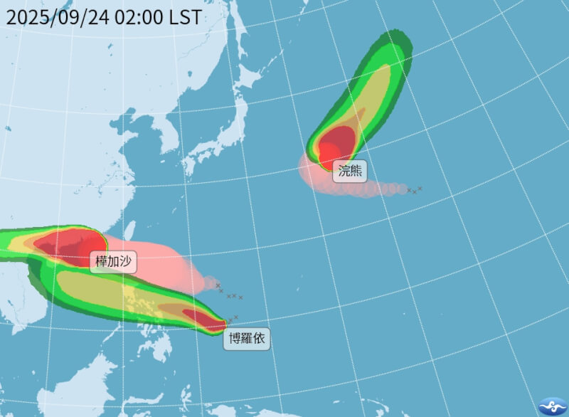 目前海面上有樺加沙、浣熊及博羅依3颱共舞。（圖取自氣象署網頁cwa.gov.tw）