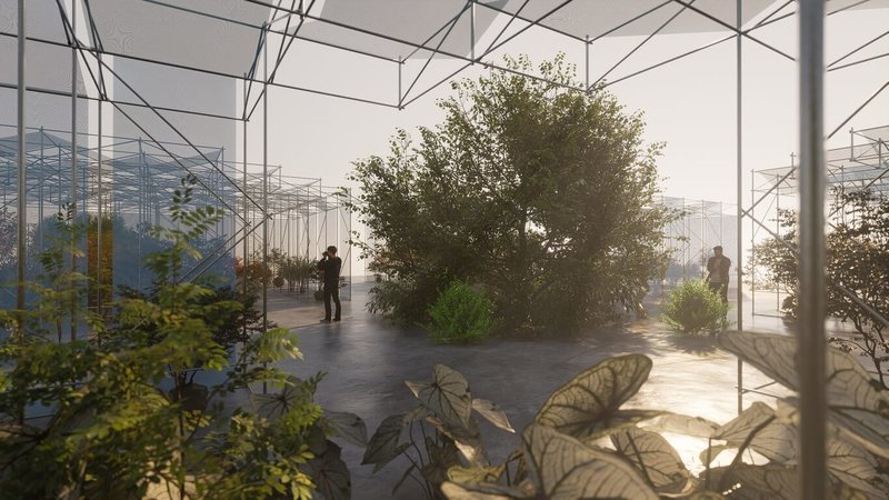 2025台灣設計展10月將在彰化登場，彰南展區「田尾行」的主展區「溫室城堡」，以4座溫室交錯相連成為森林拼圖，濃縮亞熱帶常綠闊葉林、蕨類森林、高山松柏及潮間帶海岸林，讓參觀者在田尾展開跨越大洋的綠色旅行。圖為展場模擬圖。（彰縣府提供）中央社記者吳哲豪傳真　114年9月25日
