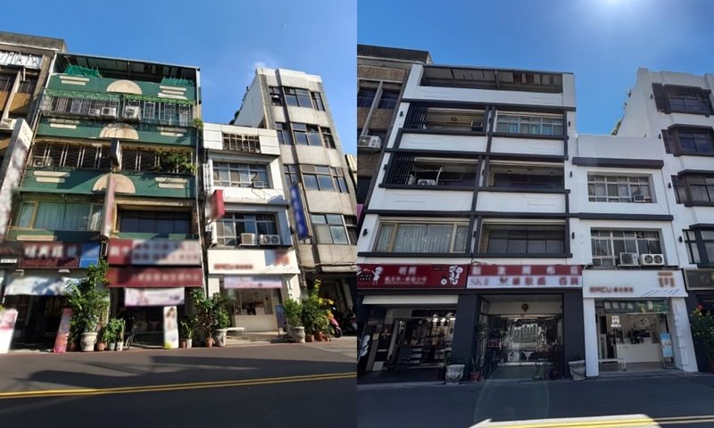 新北市老舊建物整建維護補助新法上路,放寬同意門檻且提高補助比率。都更處舉例,樹林火車站前老屋過去外牆磁磚剝落、管線凌亂(左圖),立面修繕完工後華麗變身(右圖)。(新北市都更處提供)中央社記者曹亞沿傳真 114年9月26日
