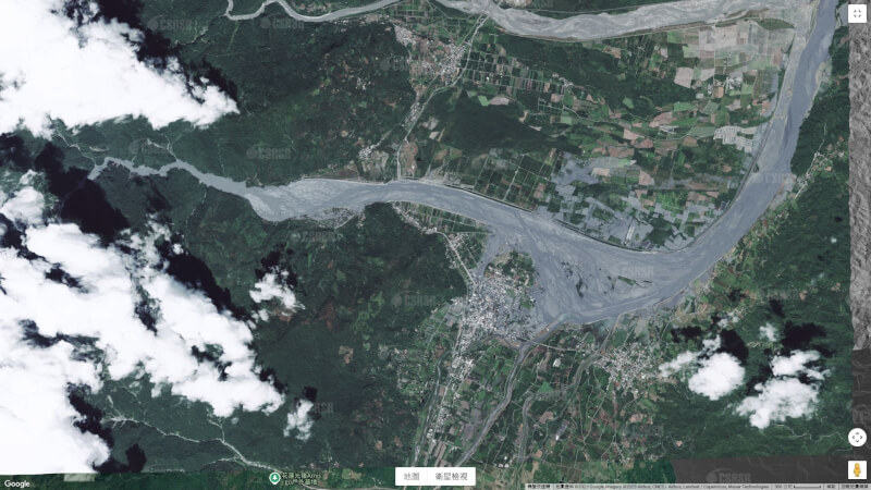 災後衛星影像可見馬太鞍溪河床淤積情形。（國立中央大學太空及遙測研究中心提供／©CSRSR/CNES, 2025- Pleiades影像）