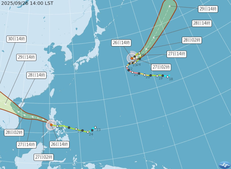 26日下午颱風路徑潛勢預報圖。（圖取自氣象署網頁cwa.gov.tw）