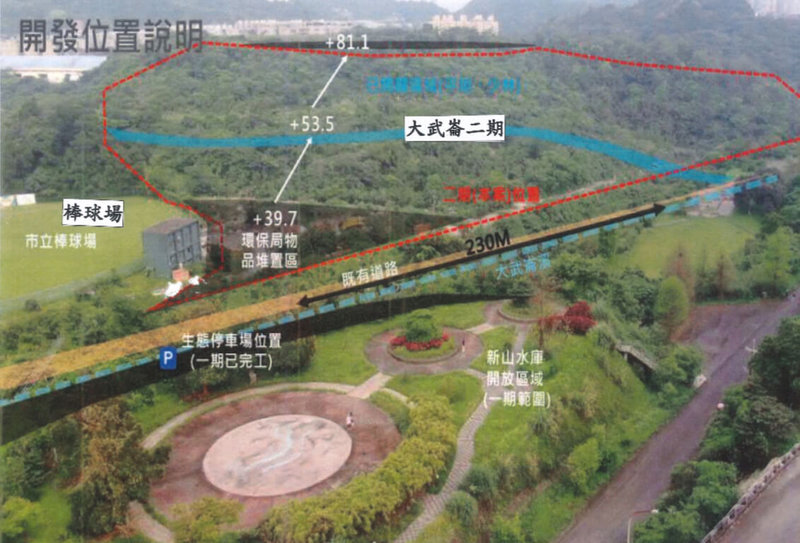 基隆市政府推動大武崙森林運動公園第2期工程（圖紅框），由於顧問公司未依約執行水土保持、水文鑽探、交通影響評估，加上經費問題，使得計畫延宕，市府除追究責任外，並積極向中央爭取補助，盼118年完工。（基隆市政府提供）中央社記者王朝鈺傳真 114年9月29日