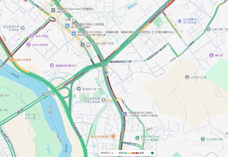 圖為原公館圓環路段30日上午9時45分路況。(圖取自Google Map網頁google.com/maps)