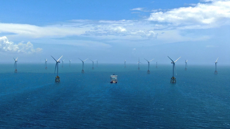 位於彰化縣芳苑鄉外海的台電離岸一期,在2021年底正式商轉,裝置容量109.2 MW,目前風機運行效率穩定維持逾90%。(台電提供)中央社記者曾智怡傳真 114年10月1日