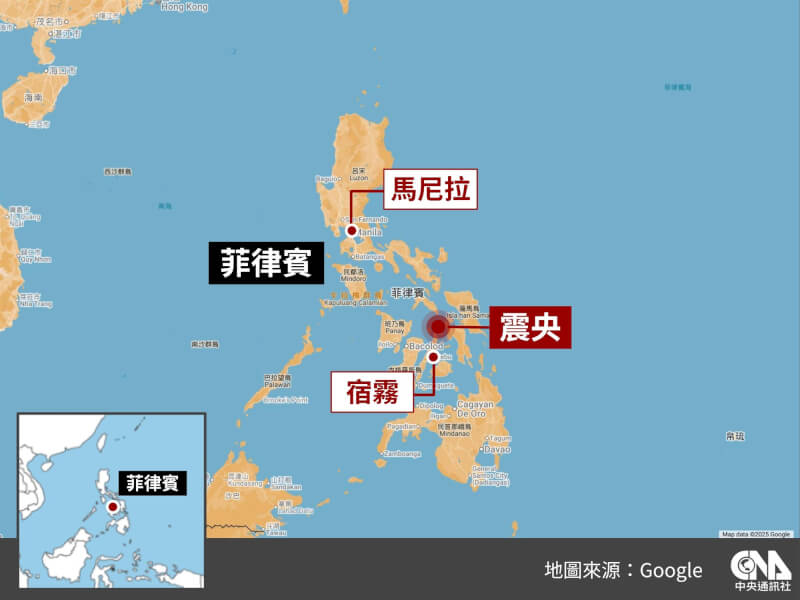 菲律賓中部外海9月30日晚間發生規模6.9地震。（中央社製圖）