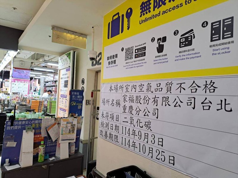 為讓民眾能安心購物，台北市環保局2日公布量販店室內空氣品質專案稽查結果，發現好市多北投店、家樂福重慶店的二氧化碳濃度超標，要求限期改善。（台北市環保局提供）中央社記者陳昱婷傳真　114年10月2日