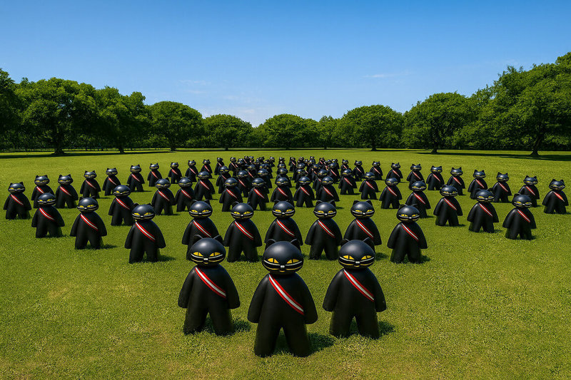 桃園市政府10日上午8時將於風禾公園舉辦國慶升旗典禮，原在航空城博物館的70隻「黑貓中隊」將現場組升旗小隊，營造最萌親子國慶氛圍。（市府民政局提供）中央社記者葉臻傳真  114年10月2日