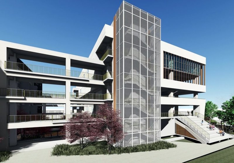 位於新北市三峽區台北大學特定區的北大高中為新北指標學校,新北市政府規劃在校園內建地上5層、地下1層多功能教學大樓,預計民國119年完工。圖為新建大樓模擬圖。(新北市教育局提供)中央社記者黃旭昇新北市傳真 114年10月3日
