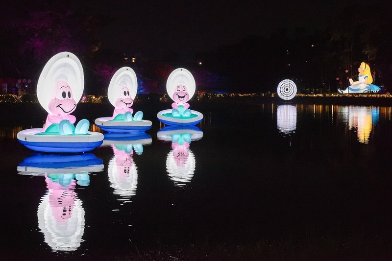 「2025嘉義市光織影舞」4日將在北香湖公園登場，今年活動以迪士尼經典動畫「愛麗絲夢遊仙境」為主題，規劃8大風格獨具的光影裝置。 （嘉義市府提供）　中央社記者姜宜菁攝　114年10月3日