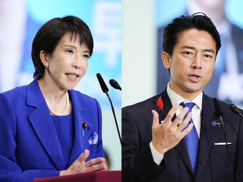 日本自民黨總裁選舉4日登場,高市早苗(左)和小泉進次郎(右)將進入第二輪投票對決。(共同社)