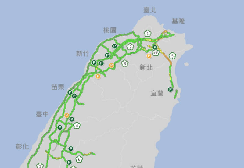 高公局表示5日上午國道大致順暢，午後尖峰時段將有大量車潮。圖為下午2時即時路況（圖取自高速公路1968網頁freeway.gov.tw）