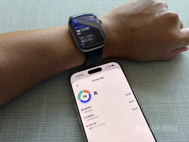 蘋果Apple Watch Series 11智慧手錶新增「睡眠分數」功能，可在睡眠期間收集心率、手腕溫度、血氧及呼吸頻率等數據，提供一個整體分數與評等，幫助用戶了解睡眠品質。中央社記者吳家豪攝 114年10月5日