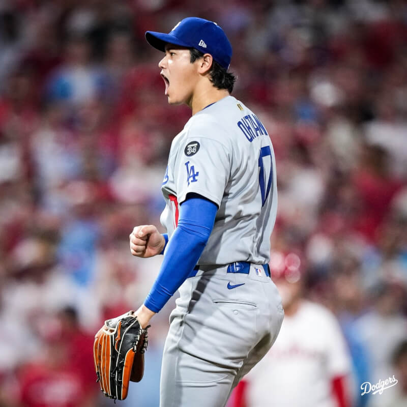 MLB道奇隊4日以5比3險勝費城人隊，先發投手大谷翔平6局9K獲勝投。（圖取自x.com/Dodgers）