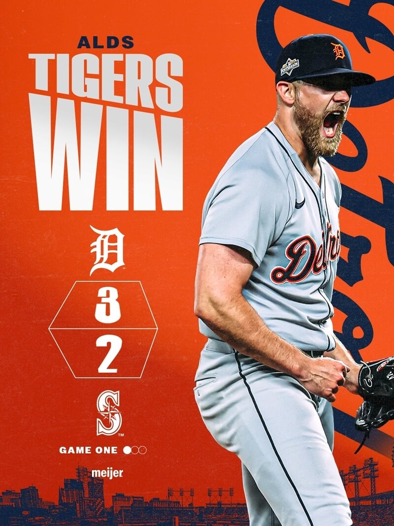 MLB季後賽，底特律老虎4日以3比2擊敗西雅圖水手，贏得5戰3勝制系列賽首場勝利。（圖取自x.com/tigers）