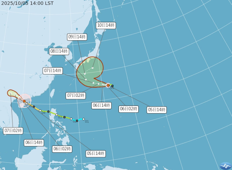 中度颱風麥德姆與輕度颱風哈隆5日下午路徑潛勢預報。(圖取自氣象署網頁cwa.gov.tw)