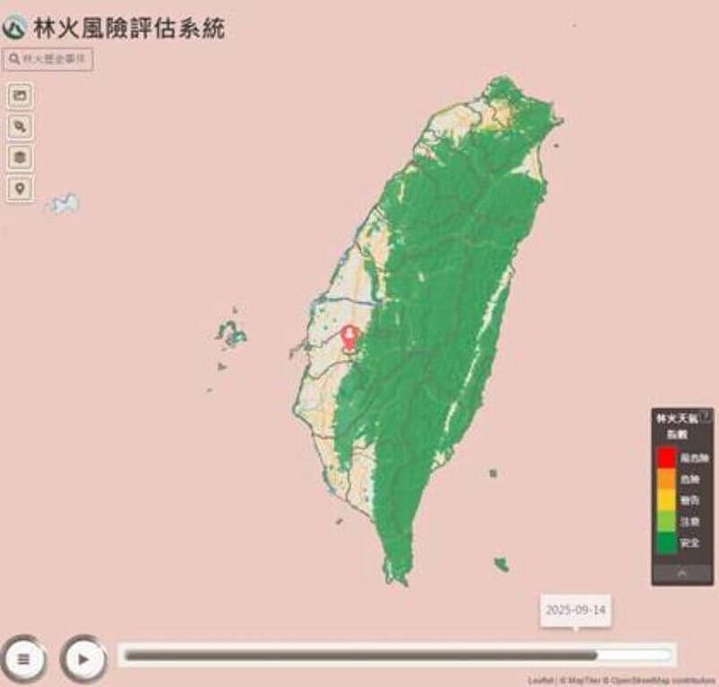 農業部林業及自然保育署已建置林火風險評估系統，民眾可查詢各地7日內的林火潛在風險。（林保署提供）中央社記者汪淑芬傳真   114年10月7日