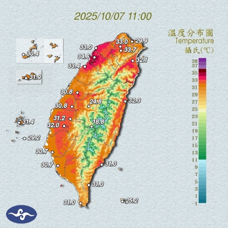 新北、新竹、台南7日上午11時左右皆出現局部36度以上高溫，其中以新竹縣寶山鄉攝氏36.4度最熱。（圖取自氣象署網頁cwa.gov.tw）