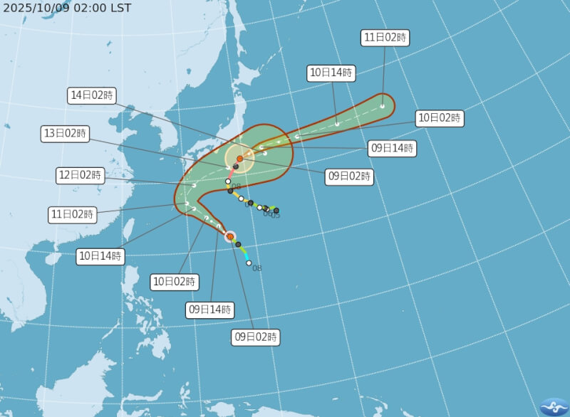 太平洋海面上目前有2個颱風。圖為9日上午2時潛勢預測圖。（圖取自中央氣象署網頁cwa.gov.tw）