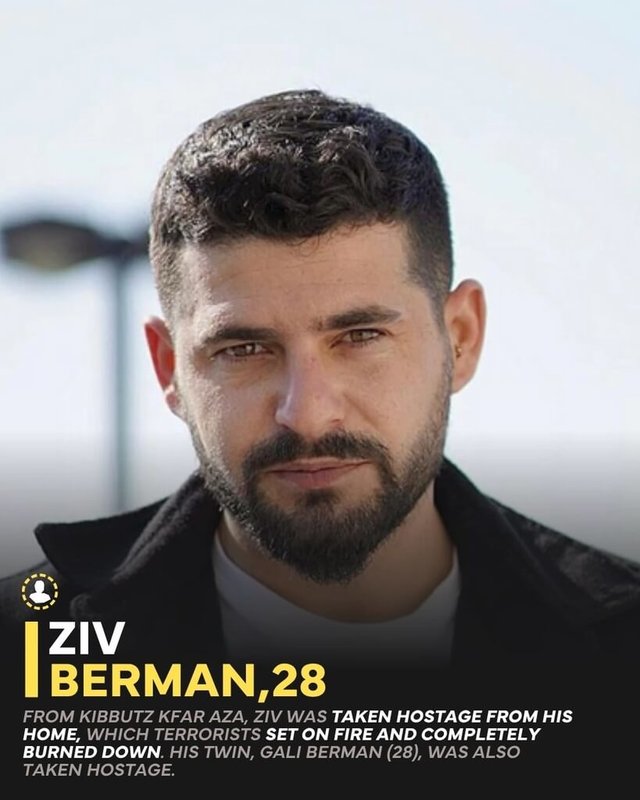 齊夫.貝爾曼(Ziv Berman),28歲,來自以色列南部卡法阿扎。2023年10月7日哈瑪斯武裝分子突襲時,他在家中被擄走,住宅遭縱火焚毀。他的雙胞胎兄弟加利(Gali Berman)同日也被綁。(以色列國防軍提供)中央社記者林尚縈柏林傳真 114年10月13日