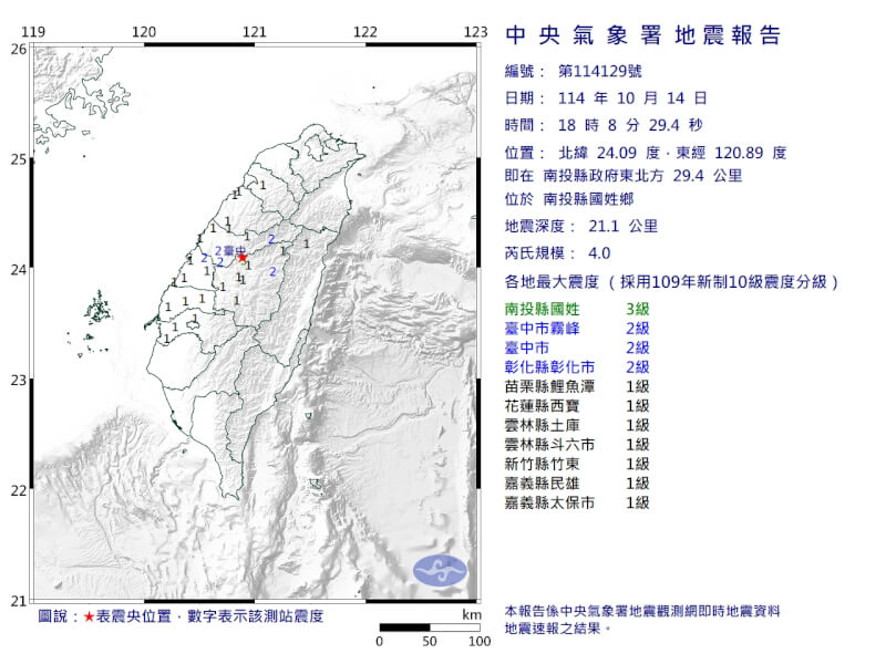 南投縣政府東北方29.4公里14日傍晚6時8分發生芮氏規模4地震。(圖取自氣象署網頁cwa.gov.tw)