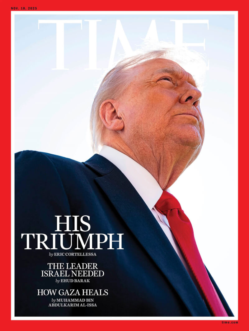 美國總統川普因為促成加薩和平協議,再次成為時代雜誌(TIME)封面人物。(x.com/TIME)