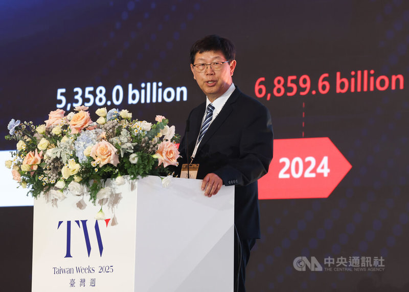 金管會台灣週開幕式活動15日登場,鴻海董事長劉揚偉(圖)受邀出席演講,劉揚偉指出,鴻海從1991年至2024年,鴻海營收成長3000倍,獲利成長750倍,目前集團營收規模超過新台幣7兆元,粗估1元借款可做到12元生意規模。中央社記者張新偉攝 114年10月15日