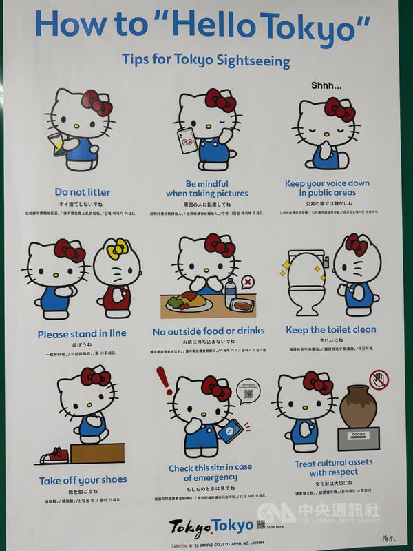 隨著訪日客增加,東京都政府以Hello Kitty製作Hello Tokyo宣導海報,以英文、日文、繁體與簡體中文、韓文,宣導在東京旅遊注意事項,包括「公共場所請保持安靜」等。中央社記者戴雅真東京攝 114年10月16日
