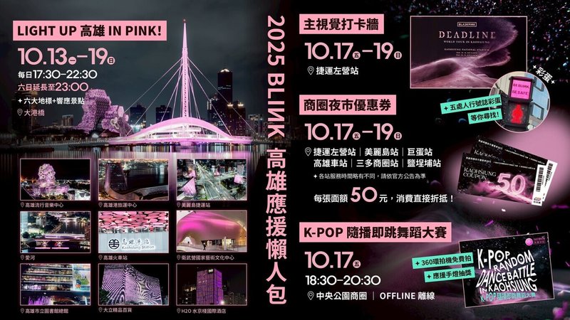 韓國女團BLACKPINK於18、19日將在高雄國家體育場開唱,高雄市政府推出粉紅燈光秀、商圈夜市優惠券等多項活動,市府經發局17日推應援懶人包圖表。(高雄市經發局提供)中央社記者林巧璉傳真 114年10月17日