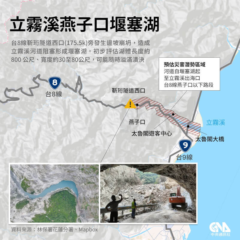 林業及自然保育署花蓮分署17日接獲通報,台8線中橫公路靳珩隧道西口因邊坡崩塌造成立霧溪河道阻塞形成堰塞湖,有隨時溢滿潰決可能。(中央社製圖)
