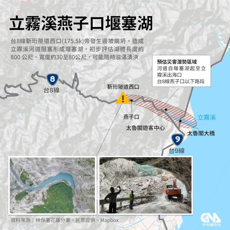 林業及自然保育署花蓮分署17日接獲通報,台8線中橫公路靳珩隧道西口因邊坡崩塌造成立霧溪河道阻塞形成堰塞湖,有隨時溢滿潰決可能。(中央社製圖)